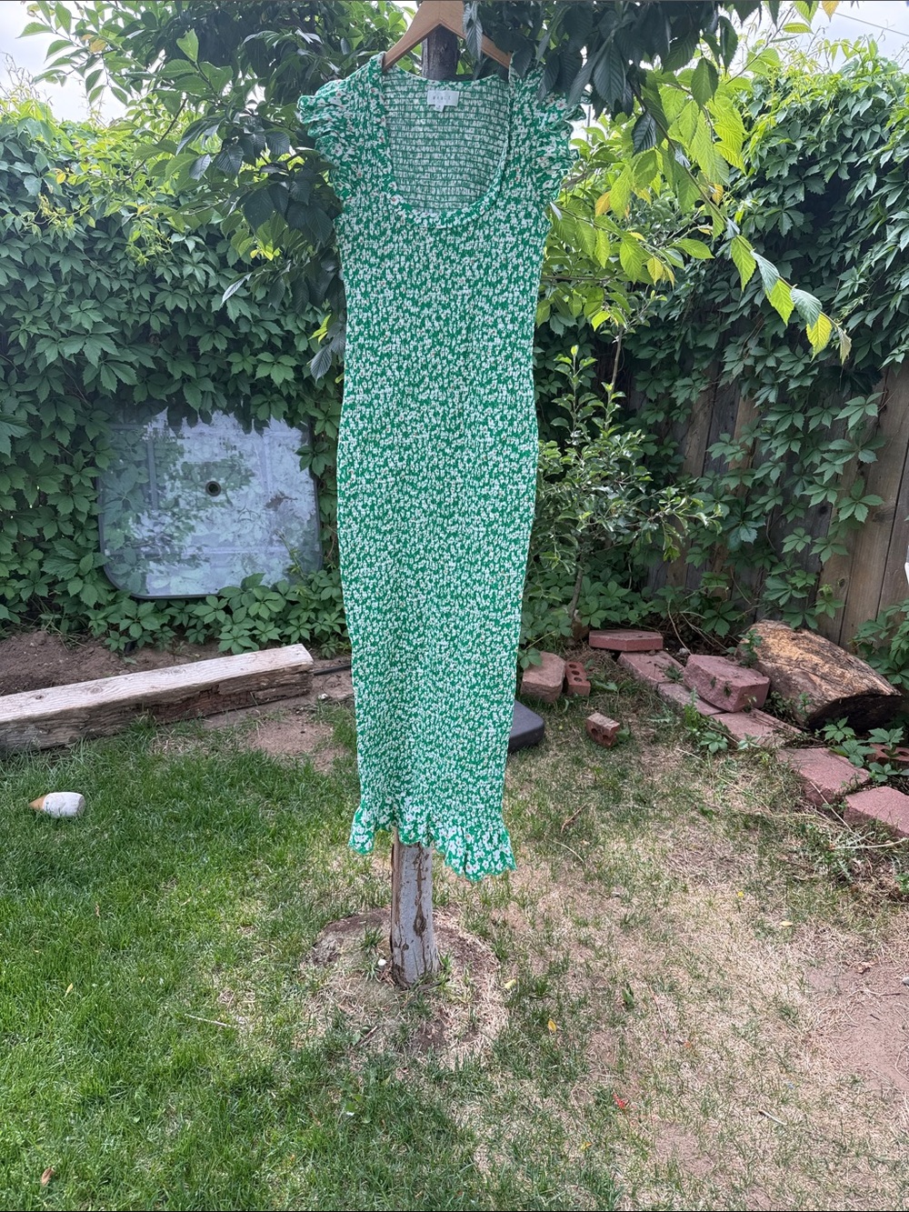 Green Floral Midi Dress with Ruffle Trim